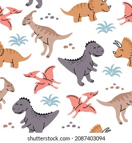 Seamless pattern with hand drawn dinosaurs in scandinavian style. Creative vector trendy childish background for fabric, textile 