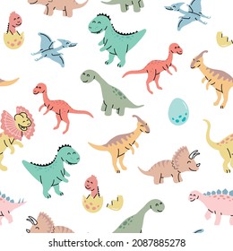 Seamless pattern with hand drawn dinosaurs in scandinavian style. Creative vector trendy childish background for fabric, textile