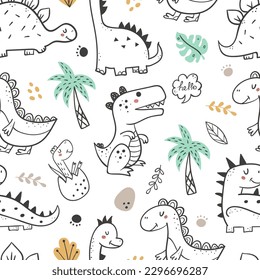 Seamless pattern with hand drawn dinosaurs. Pattern for bedroom, wallpaper, kids and baby wear.