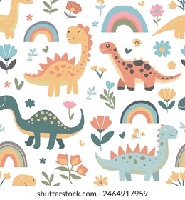 Patrón sin fisuras con dinosaurios dibujados a mano flores de dinosaurio. Textura de bebé de Vector de moda para tela, textil, Fondo de pantalla, ropa, envoltura