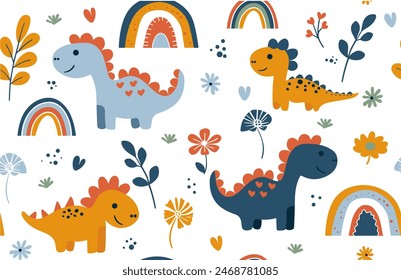 Seamless pattern with hand drawn dinosaurs dino flowers rainbow. Trendy vector baby texture for fabric, textile, wallpaper, apparel, wrapping