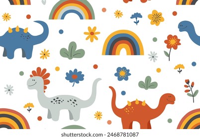 Seamless pattern with hand drawn dinosaurs dino flowers rainbow. Trendy vector baby texture for fabric, textile, wallpaper, apparel, wrapping