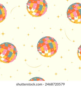 Seamless pattern hand drawn disco ball and stars on a white background.