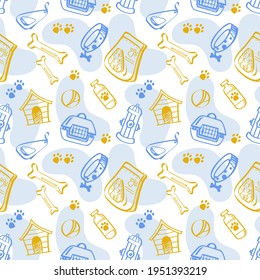 Seamless pattern with hand drawn dogs items. Dogs pattern. Vector background in simple flat doodle style. Print for wrapping paper, wallpaper, textile.