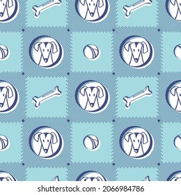 Patrón inquebrantable con perros dibujados a mano, huesos y bolas. Patrón vectorial de los animales. Delicado fondo para textiles, papel de envoltura, papel pintado.