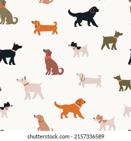 seamless pattern with hand drawn dogs. Trendy minimalist dog walk pattern on white. Perfect for kids apparel, fabric, textile, nursery decoration, wrapping paper