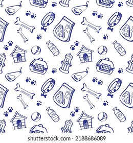 Seamless pattern with hand drawn dogs items. Animals pattern. Dogs background. Good for printing on textiles, wrapping paper, wallpapers.