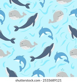 seamless pattern with hand drawn dolphins and whales in flat style