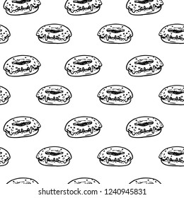 Seamless pattern hand drawn donut. Doodle black sketch. Sign symbol. Decoration element. Isolated on white background. Flat design. Vector illustration.