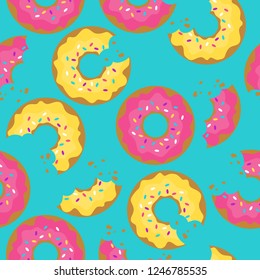 Seamless pattern with hand drawn donuts. Vector illustration, collection of confectionery. Colorful overlapping background with food. Decorative colored wallpaper, good for printing for cafe