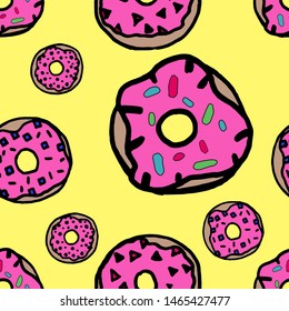 Seamless pattern with hand drawn donuts on yellow background. Vector illustration. Beautiful design elements,perfect for any business related to the food industry,greeting cards,posters,gift box.