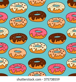 Seamless pattern with hand drawn donuts. Vector illustration, collection of confectionery. Colorful background with sketch objects and food icons. Decorative wallpaper, good for printing for cafe