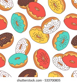 Seamless pattern with hand drawn donuts. Vector illustration, collection of confectionery. Colorful background with sketch objects and food icons. Decorative wallpaper, good for printing for cafe
