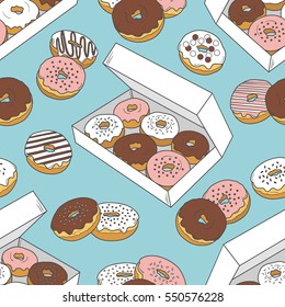 Seamless pattern with hand drawn donuts. Vector illustration, collection of confectionery. Colorful background with sketch objects and food icons. Decorative wallpaper, good for printing for cafe