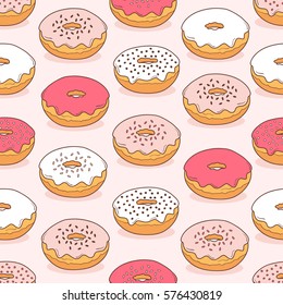 Seamless pattern with hand drawn donuts. Vector illustration, collection of confectionery. Colorful background with sketch objects and food icons. Decorative wallpaper, good for printing for cafe