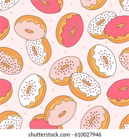 Seamless pattern with hand drawn donuts. Vector illustration, collection of confectionery. Colorful background with food. Decorative wallpaper, good for printing for cafe