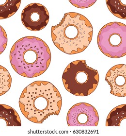 Seamless pattern with hand drawn donuts. Vector illustration, collection of confectionery. Colorful background with food icons. Decorative wallpaper, good for printing for cafe