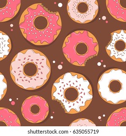 Seamless pattern with hand drawn donuts. Vector illustration, collection of confectionery. Colorful background with food icons. Decorative wallpaper, good for printing for cafe