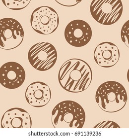 Seamless pattern of hand drawn donuts on kraft paper. Good for package design, paper bag.