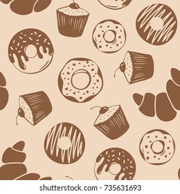 Seamless pattern of hand drawn donuts, croissant and muffin in modern flat style on kraft paper. Good for package design, paper bag.