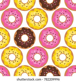Seamless pattern with hand drawn donuts. Vector illustration, collection of confectionery. Colorful overlapping background with food. Decorative wallpaper, good for printing for cafe