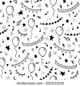 seamless pattern hand drawn doodle cartoon objects and symbols of birthday party. design holiday greeting card and invitation of wedding, Happy mother day, birthday, Valentine s day and holidays.