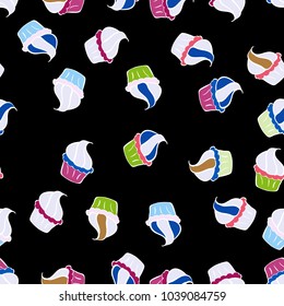 Seamless pattern with hand drawn doodle desserts: cupcakes, cake, pie, muffins. Cute birthday background on white, black and gray. Vector illustration.
