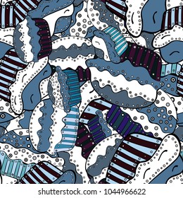 Seamless pattern with hand drawn doodle desserts: cupcakes, cake, pie, muffins. Cute birthday background on white, blue and black. Vector illustration.