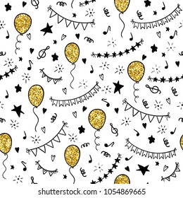 seamless pattern hand drawn doodle cartoon objects and symbols of birthday party. design holiday greeting card and invitation of wedding, Happy mother day, birthday, Valentine s day and holidays.
