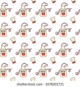 Seamless pattern hand drawn doodle BBQ party icons set Vector illustration summer barbecue symbols Food cooking Cartoon background Sketch style Chief apron and hat