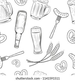 Seamless pattern in hand drawn Doodle style with different objects related with beer. Vector.