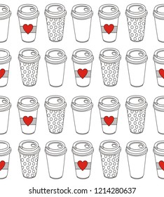 Seamless pattern with hand drawn doodle cups of coffee