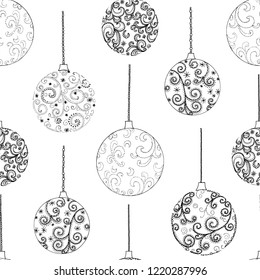 Seamless pattern of hand drawn doodle style Christmas balls isolated on white background. Vector illustration.