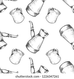 Seamless pattern. Hand drawn doodle collection Coffee Cup and Coffee Maker in vintage style. Sketch set with coffee makers and cups on the white background. Vector illustration. Eps10 