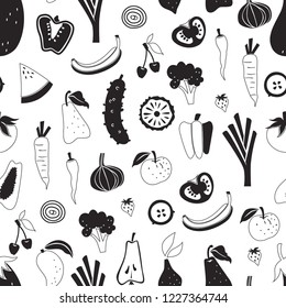 Seamless Pattern with Hand Drawn Doodle Vegetables and Fruits.