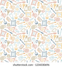 Seamless pattern in hand drawn doodle style. Line objects. Repeat background with art materials, brushes, paints and tools.  Design for web background or wrapping paper.