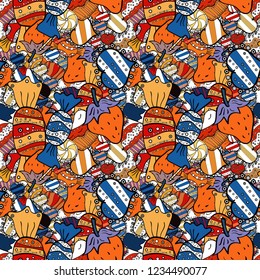 Seamless pattern with hand drawn doodle desserts: cupcakes, cake, pie, muffins. Cute birthday background on orange, black and white. Vector illustration.