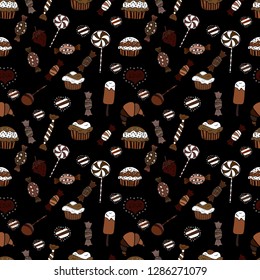 Seamless pattern with hand drawn doodle desserts: cupcakes, cake, pie, muffins. Vector illustration. Cute birthday background on black, white and brown.
