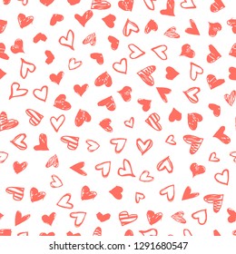 Seamless pattern with hand drawn doodle hearts. Valentines day vector background, design template for wedding card, invitations, textile, banner, greeting, wrapping