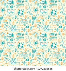 Seamless Pattern with Hand Drawn Doodle Travel, Tourism and Camping Icons. Vector Background