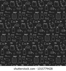 Seamless pattern of hand drawn doodle Stop plastic pollution icons Vector illustration sketchy symbols Cartoon elements Bag Bottle Recycle sign Package Disposal waste Contamination disposable dish