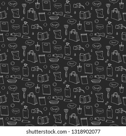 Seamless pattern of hand drawn doodle Stop plastic pollution icons Vector illustration sketchy symbols Cartoon elements Bag Bottle Recycle sign Package Disposal waste Contamination disposable dish