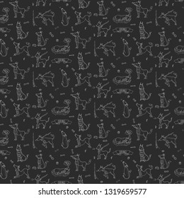 Seamless pattern with hand drawn doodle set of cute dogs Vector illustration set Cartoon normal everyday home pets activities symbols Sketchy fun puppy collection howl play sleep walk eat ask for food