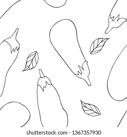Seamless pattern  with hand drawn doodle of eggplants. Linear black drawing. Summer print with vegetables. 