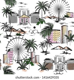 Seamless pattern with hand drawn doodle city summer mood with beach vibes palm trees and mountain Vector illustration of urban vacation , design for card, posters, textile prints, covers, on white