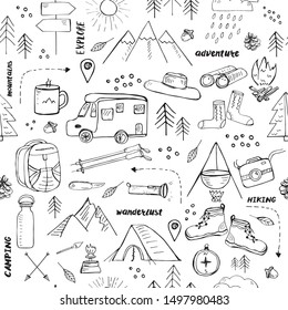 Seamless pattern with hand drawn doodle style elements related to hiking, camping and travelling in mountains