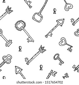 Seamless pattern with hand drawn doodle style vintage keys. 
