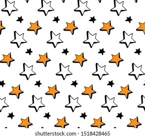 Seamless pattern hand drawn Doodle stars in vector. Starry sky in a simple children's style. Orange, black and white design. For textile, cloth, paper, packaging, background.