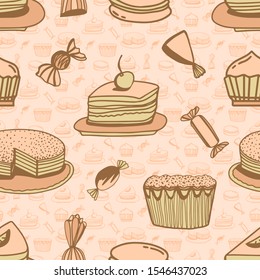 Seamless pattern with hand drawn doodle style with desserts,cake and candies.Vector cute pastel pink background.Childish sweet illustration for print clothes,menu cafe, paper, wallpaper in the bedroom