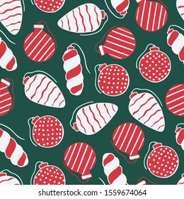 Seamless pattern with hand drawn doodle illustration of Christmas tree ornaments. New Year and Christmas tree vector decoration on dark green background. Fabric, textile print, greeting card template